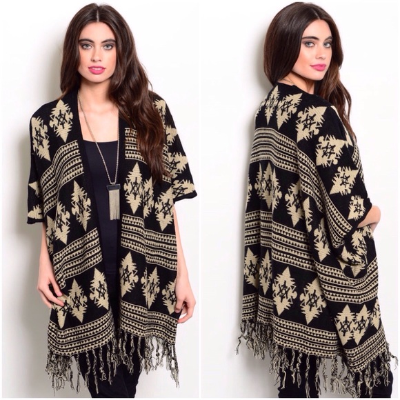 S Rosebud Sweaters - 🇺🇸Aztec Fringe Poncho Open Cardigan